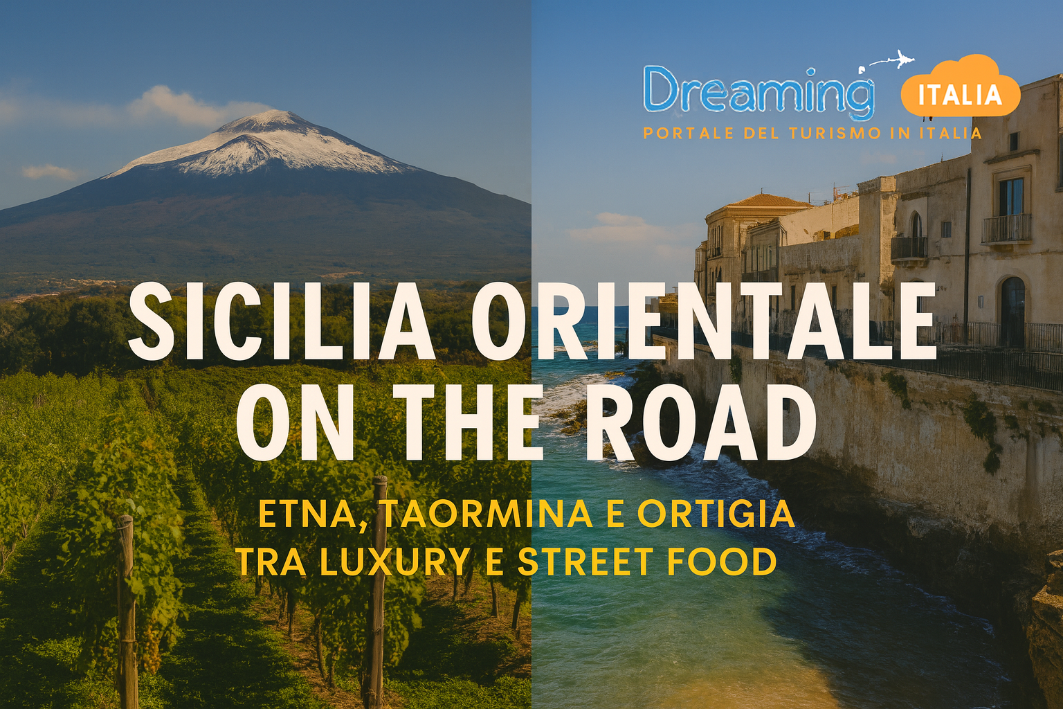 Panorama dell’Etna e vista sul mare di Ortigia, promozione turistica Dreaming Italia