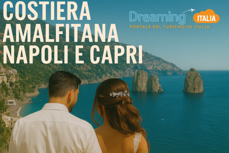 Coppia in viaggio di nozze ammira il panorama sulla Costiera Amalfitana, Napoli e i Faraglioni di Capri.