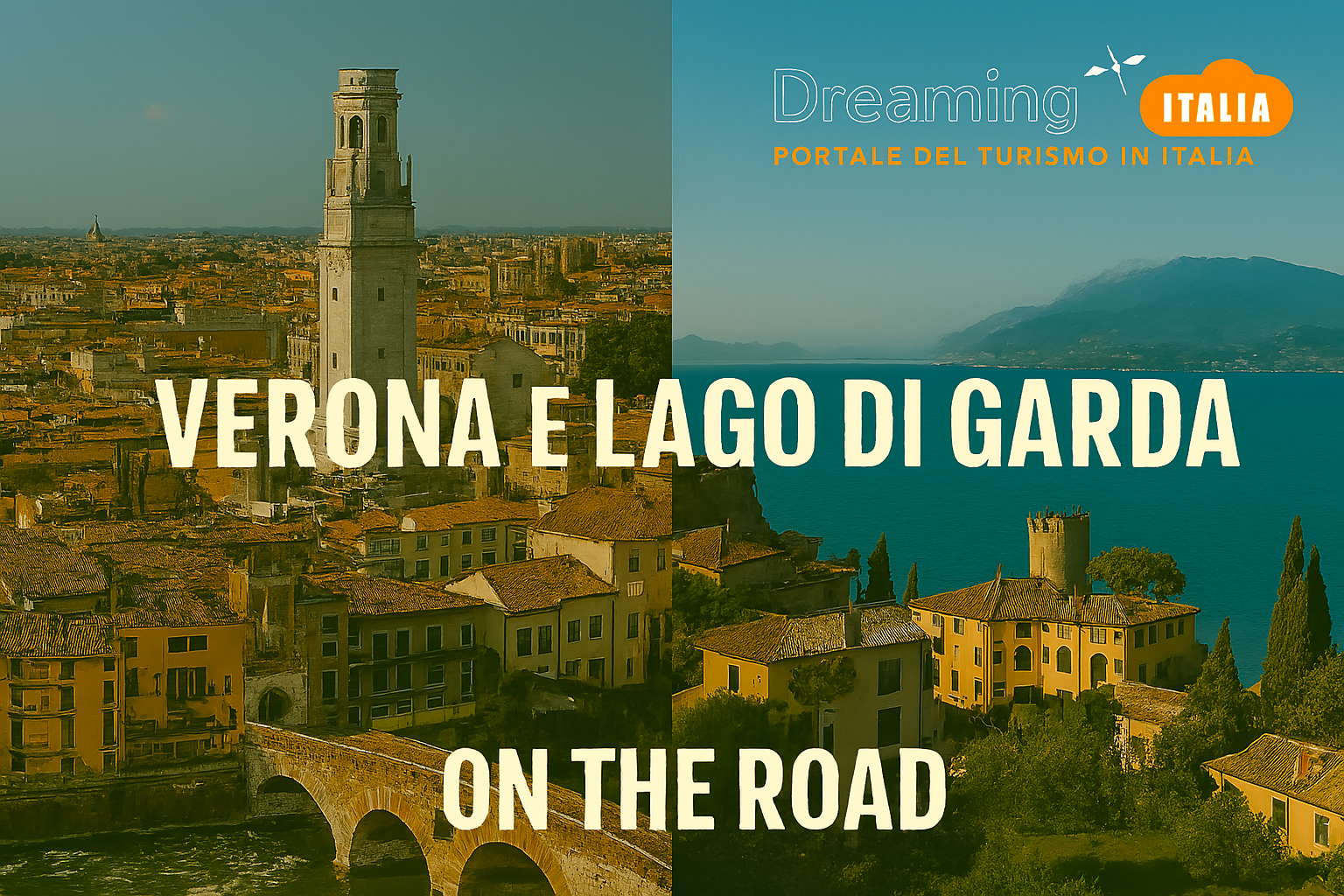 Panorama di Verona con il fiume Adige e scorcio sul Lago di Garda, promozione turistica Dreaming Italia